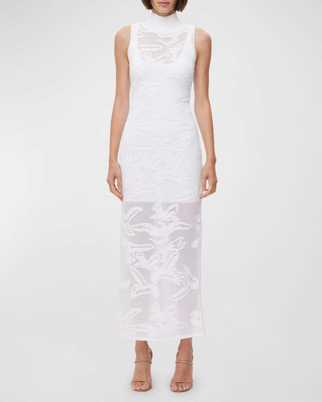 Turtleneck Sheer Jacquard Sleeveless Gown